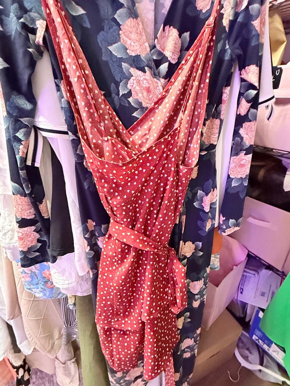 SHEIN CURVE Red Polka Heart Print Spaghetti Straps Wrap Dress